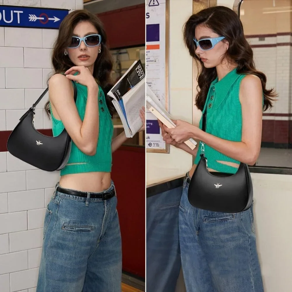 Women Small Faux Leather Crescent Shoulder Bag Hobo Clutch Crossbody Purse
